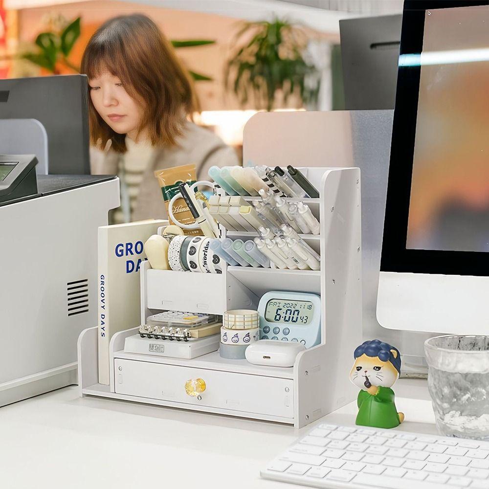 With Drawer Desk Pencil Holder Large Capacity Stationery Storage Rack Desktop Organizer  School