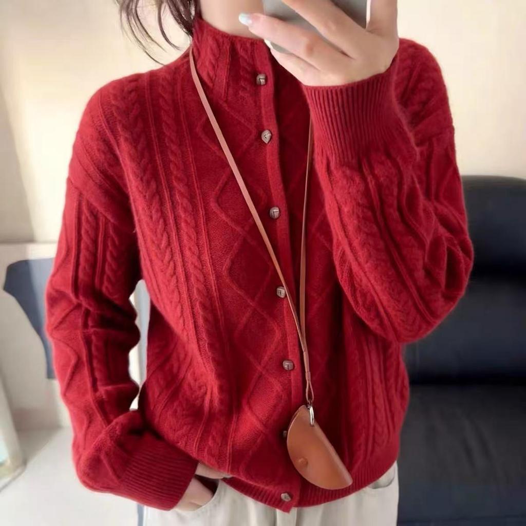 Women's 100% Pure Wool Half-High Collar Cable Knit Cardigan - Loose Long Sleeve Trendy Sweater for Autumn/Winter