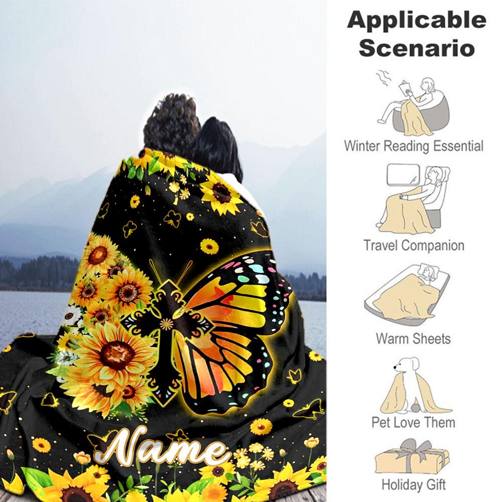 Sunflower Butterfly Customize Your Name Blanket Throw Customizable Blanket Warmthful Decor Throw For Bedding Couch Living Room Chair