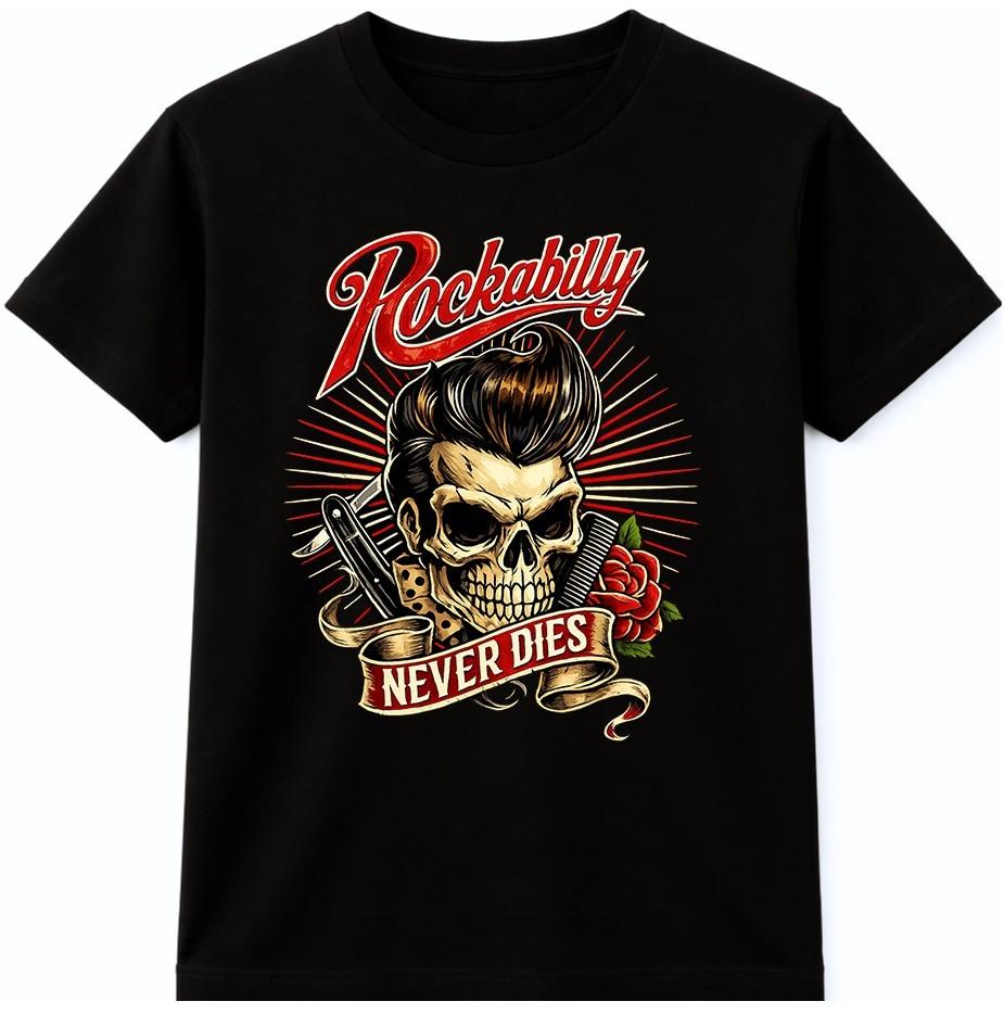 Rockabilly Never Dies Skull T Shirt Vintage Retro Rock and Roll Graphic Tee