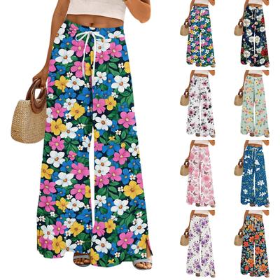 Damen Lockere Lässige Hose mit Blumenmuster, Weitem Bein, Elastischem Bund, Kordelzug und Taschen