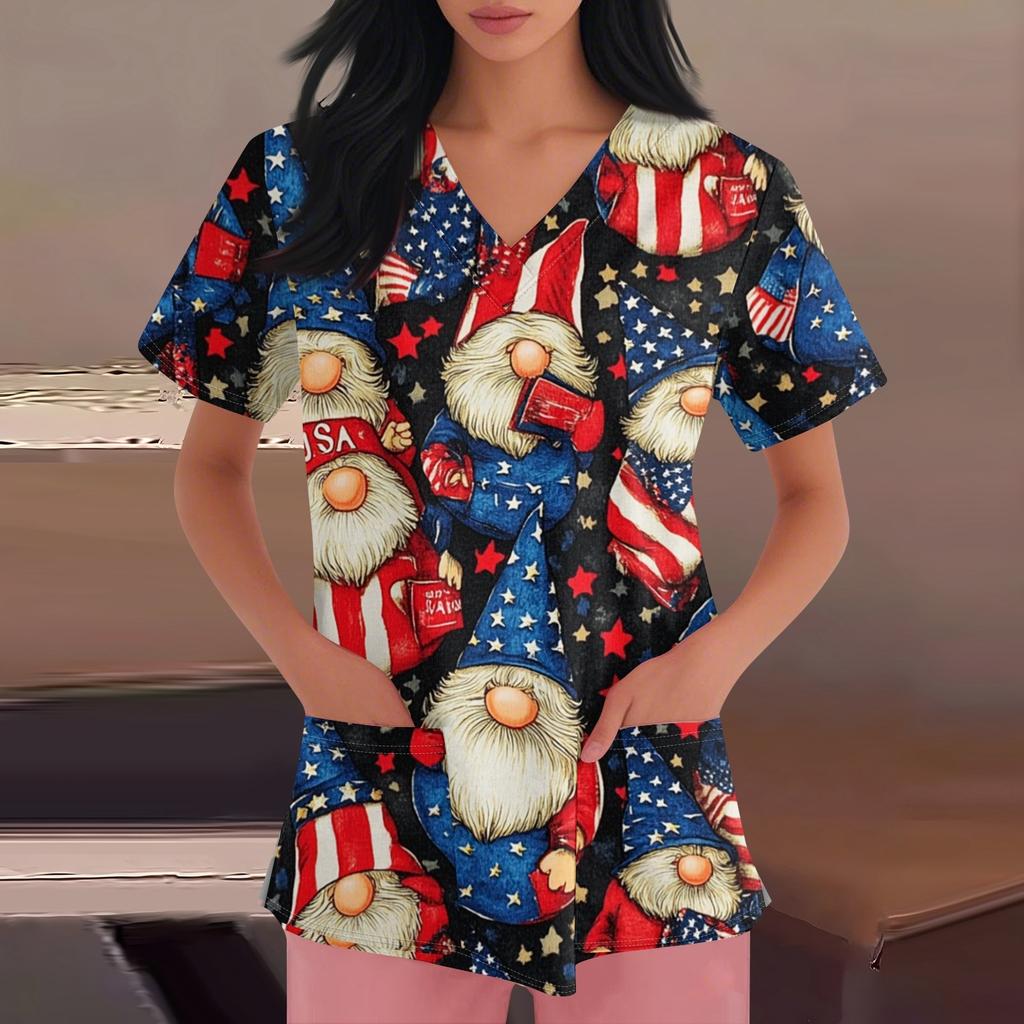 Happy Valentine's Day Women's Fashion V-neck Short Sleeve Workwear With Pockets Tops