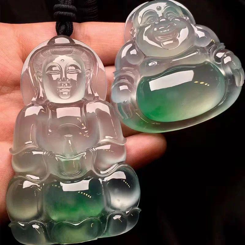 Myanmar Jade Laughing Buddha and Guanyin Pendant Necklace for Men and Women