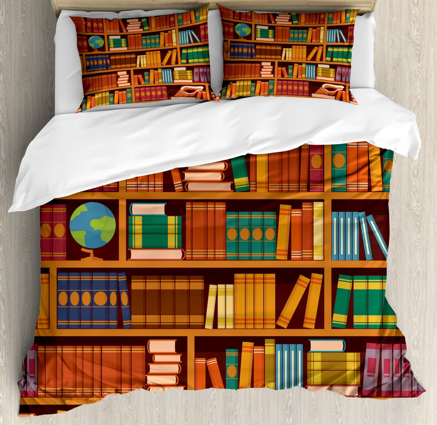 

Bookshelf Duvet Cover Set Queen Size Doodle Drawing Of Colorful Books Learning Library School Themed Illustration Warm Soft EU Single(135*200cm)3pcs