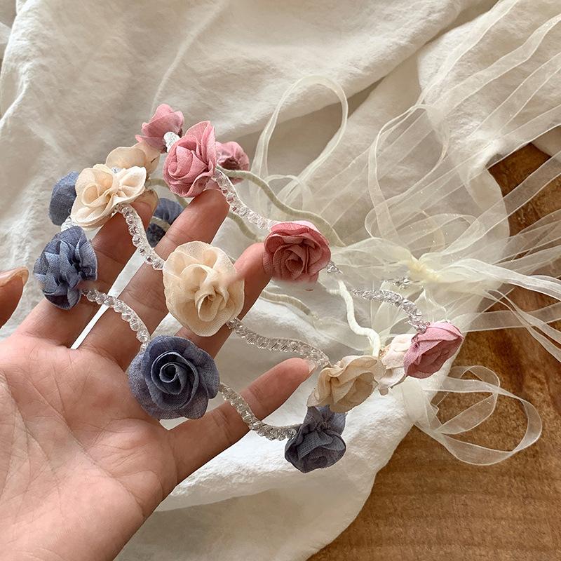 Crystal Flower Ribbon Wavy Headband Female Sweet Small Fresh Headband Fashionable Versatile High Skull Top Hair Accessories