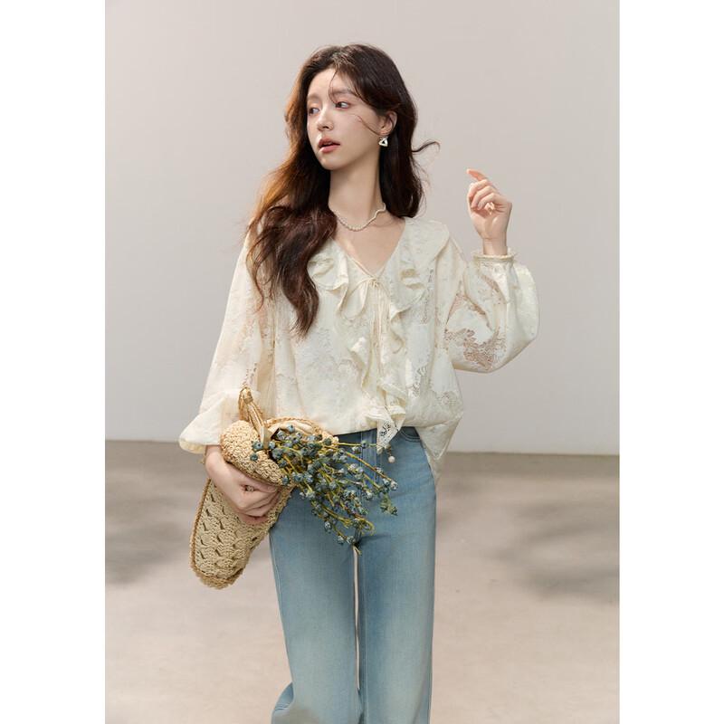Mishow Women's Lace Ruffle V-Neck Blouse