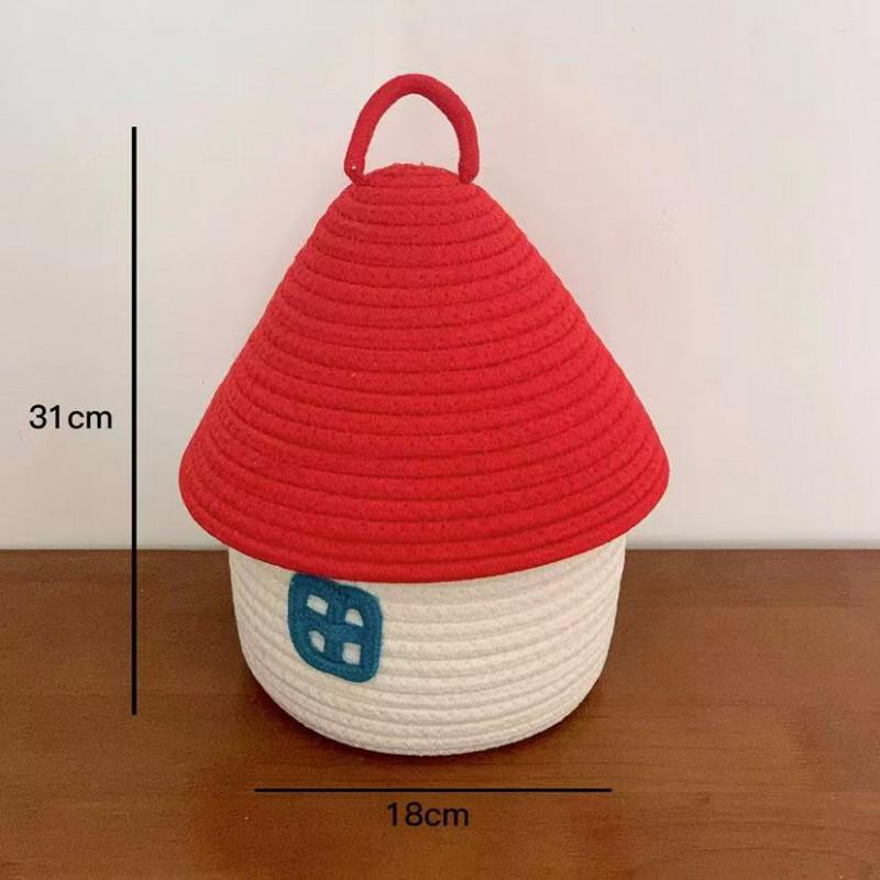 Cotton Knit House-Shaped Storage Basket With Lid Desktop Organizer Jewelry Makeup Cables Books