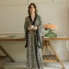 Lazy Leopard Print Satin Nightgown Lace Splicing Large Sleeve Long Silky and Skin-friendly Daily Home Leisure Robe 911