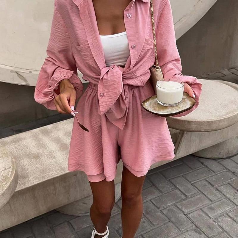 2024 Summer Women's Long-sleeved Tops Ruffled Shorts Casual Fashion Suits