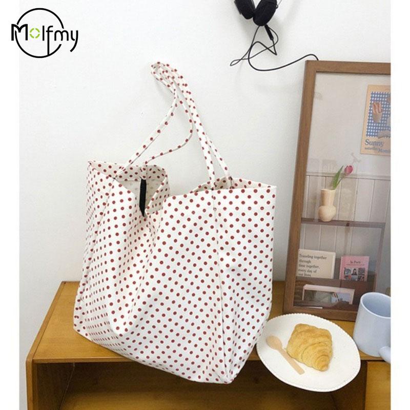 Casual Shoulder Bags Large Capacity Canvas Shopping Bag Dot High Quality Eco Reusable Handbag for Women Totes Bags Daily Pouch