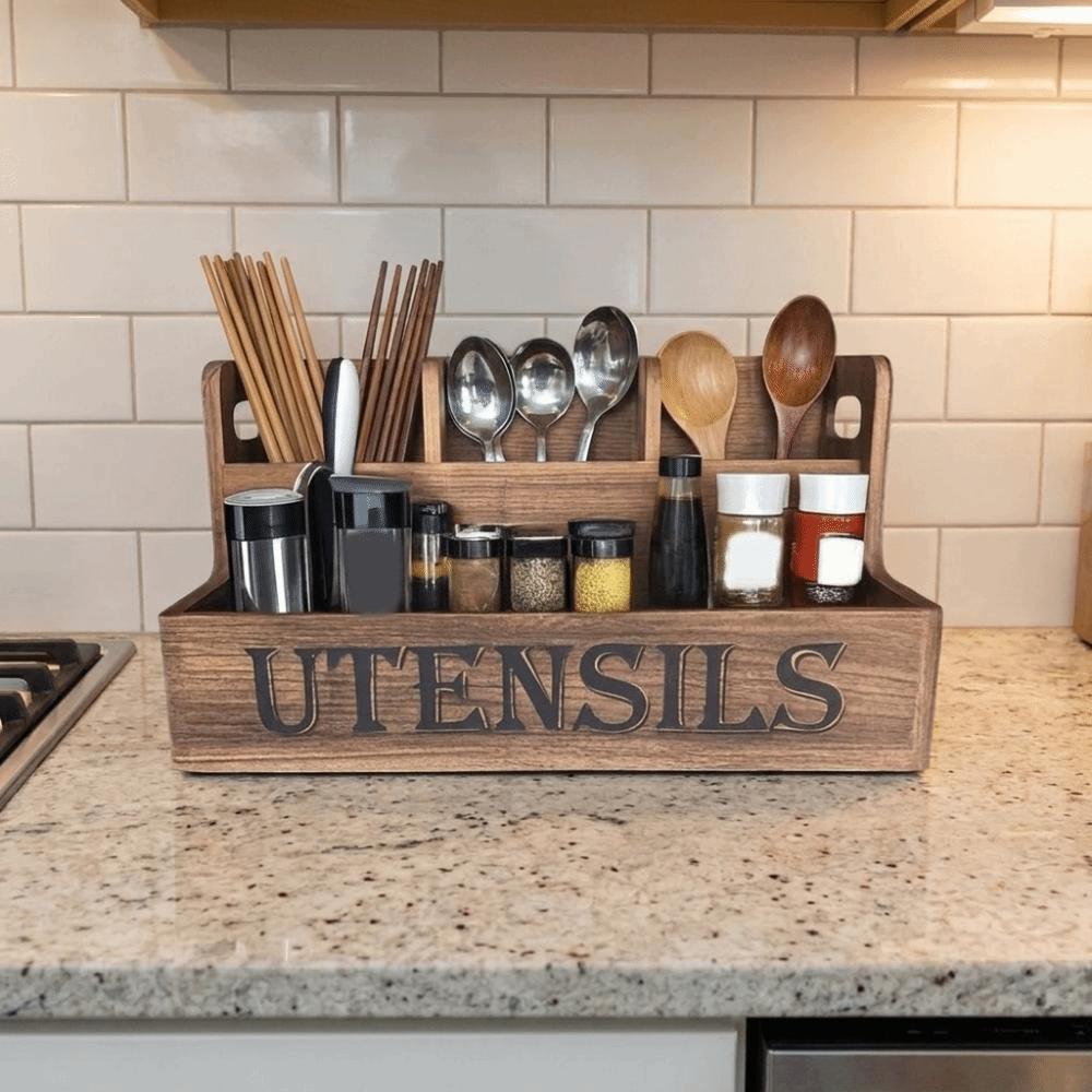 Wooden Spoon Fork Storage Box Space Saving Tableware Storage Rack Silverware Holder Living Room