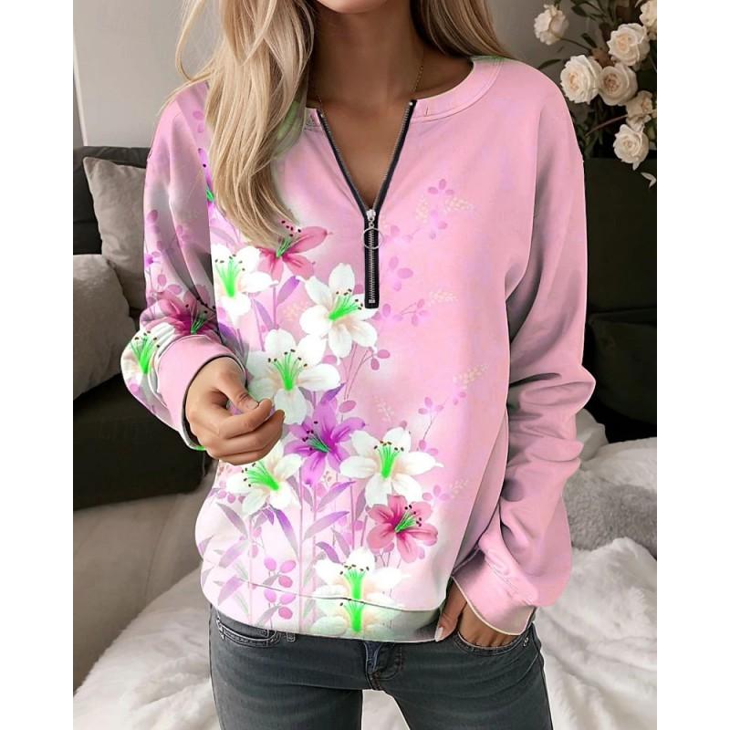 Womens V-Neck Half-Zip Long Sleeve Oversized Hoodie With Geometric Print Casual Comfort Fit 2025