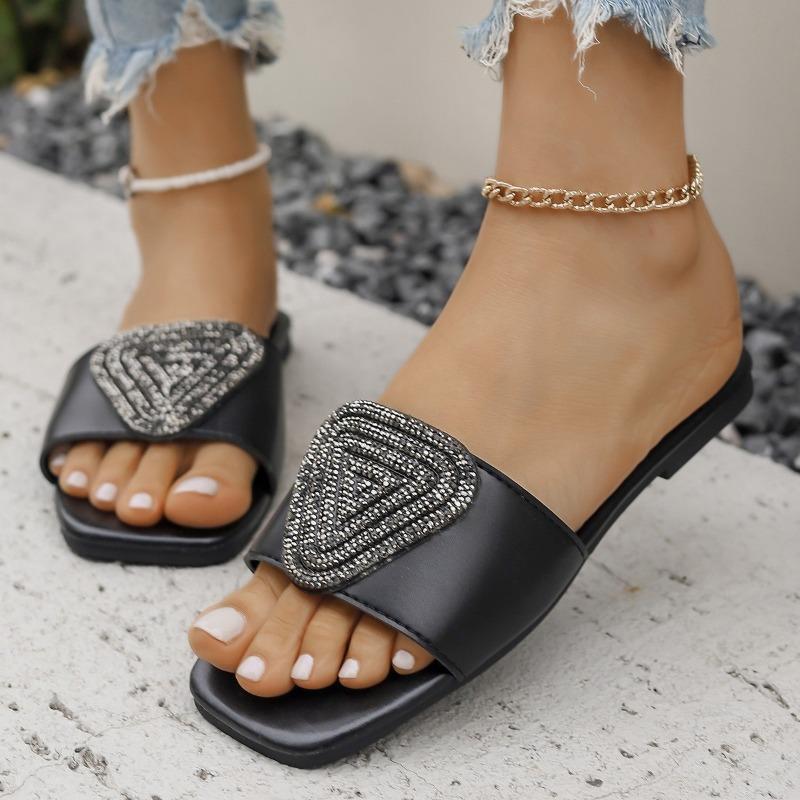 Fashion Women's Flat Shoes Summer New Square Head Shallow Mouth Rhinestone Soft Bottom Slip-resistant Wear-resistant Slippers