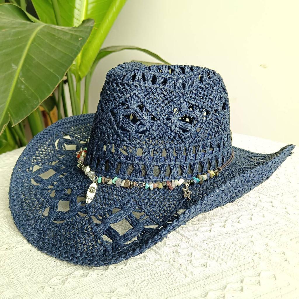 2026straw New cowboy hat women'shollow woven cowboy straw hat retro elegant western cowboy wide brim hat