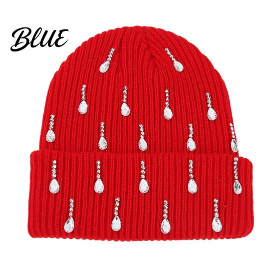 Holiday Gift for Women Waterdrop Rhinestone Knit Hat, Bling Stretchy Winter Cuffed Knitted Stylish Hat Skull Cap Men Cold Weather Daily Wear