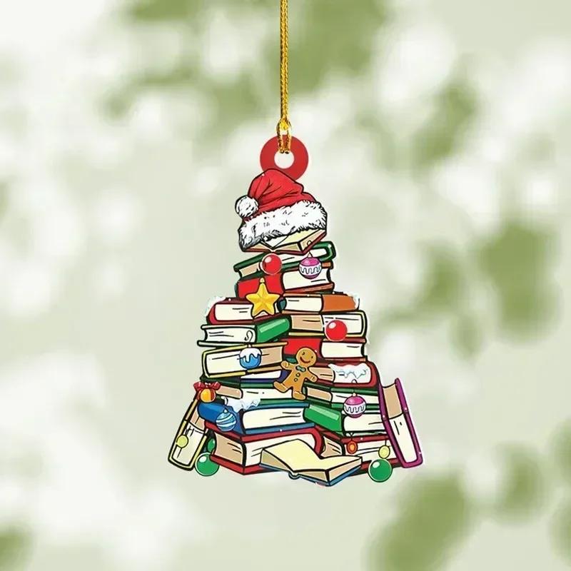 2026 Christmas Tree Shape Bookshelf Pendant, 2D Acrylic Flat Books Stacked Christmas Ornaments Home Decoration Party Supplies