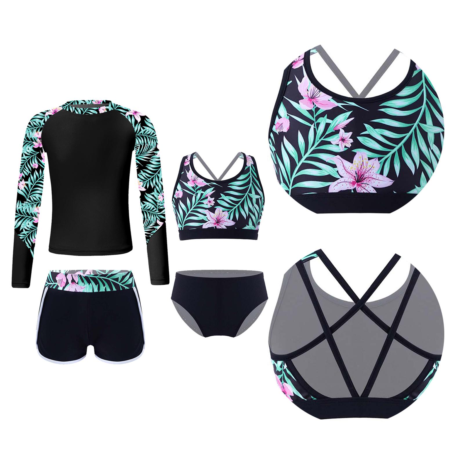 

4Pcs Kids Girls Printed Swimsuit Set Long Sleeve Mock Neck Tops with U Neck Strappy Back Crop Top and Elastic Waistband Shorts Briefs for Bathing Pool 15-16 Years чорний