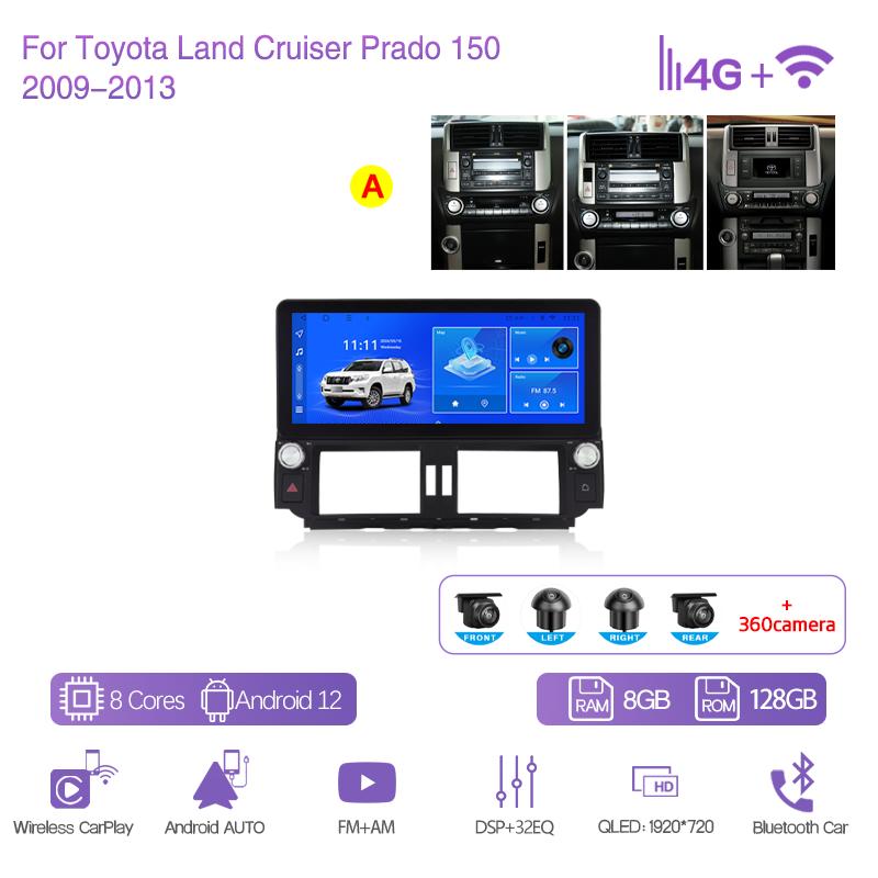12.3 For Toyota Land Cruiser Prado 150 2009-2013 Car Multimedia Player GPS Navigation Radio Android12 8Core CarPlay 4G 360Camera