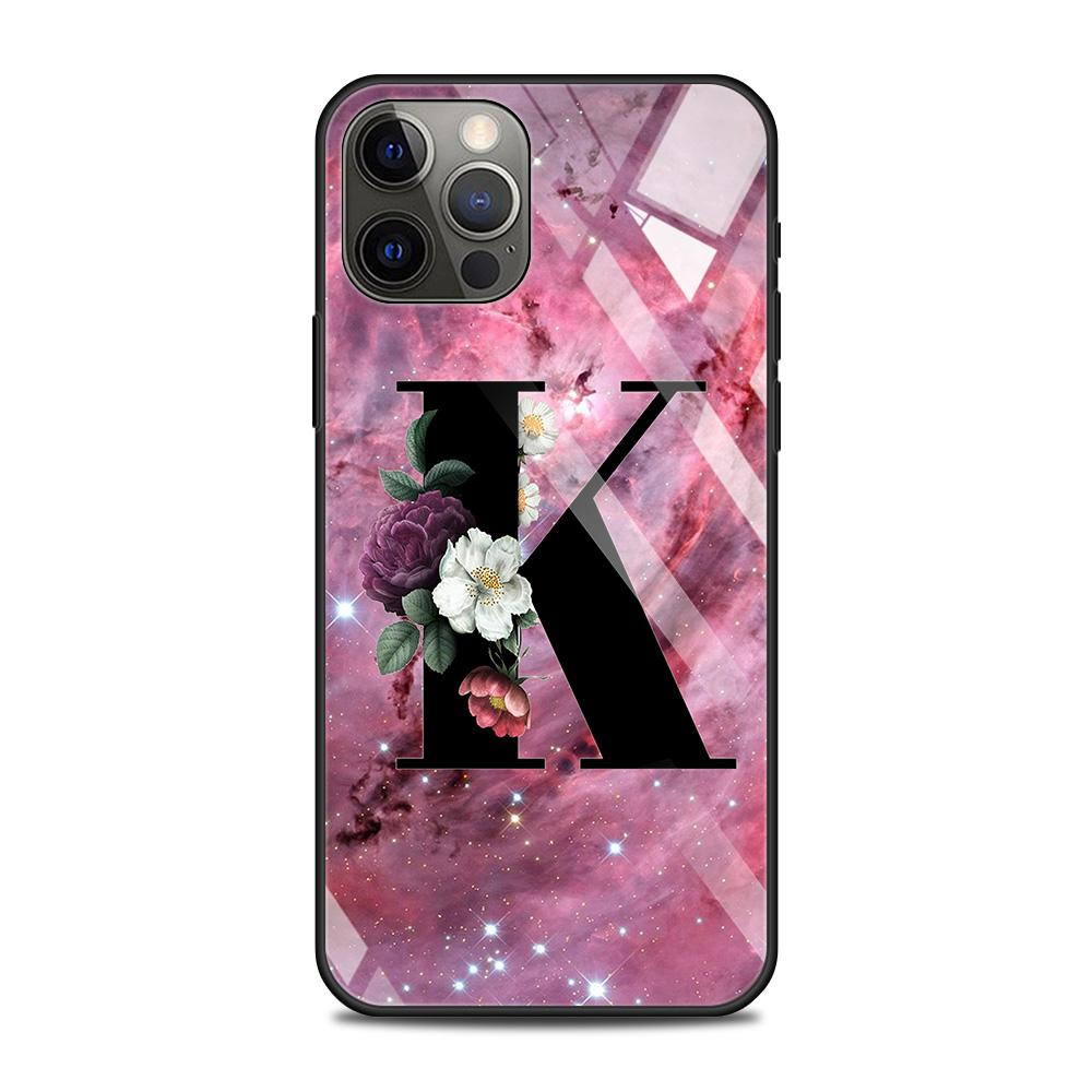 Tempered Glass Case For iPhone 14 12 11 Pro Max 13 12 Mini X XR XS Max 8 7 6s Plus Silicone Shell Letter A B Flowers Pink