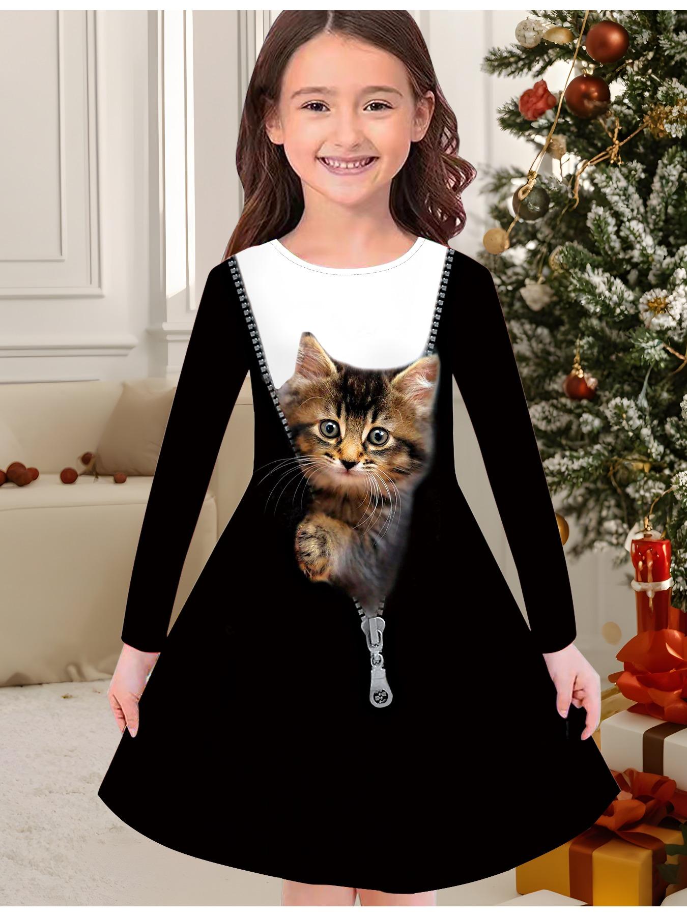 

Модна осіння та зимова сукня для дівчаток, Милий 3D-принт кошеняти, Дитяча футболка-сукня з круглим вирізом і довгим рукавом, Повсякденна універсальна, Різдвяний одяг 170 чорний