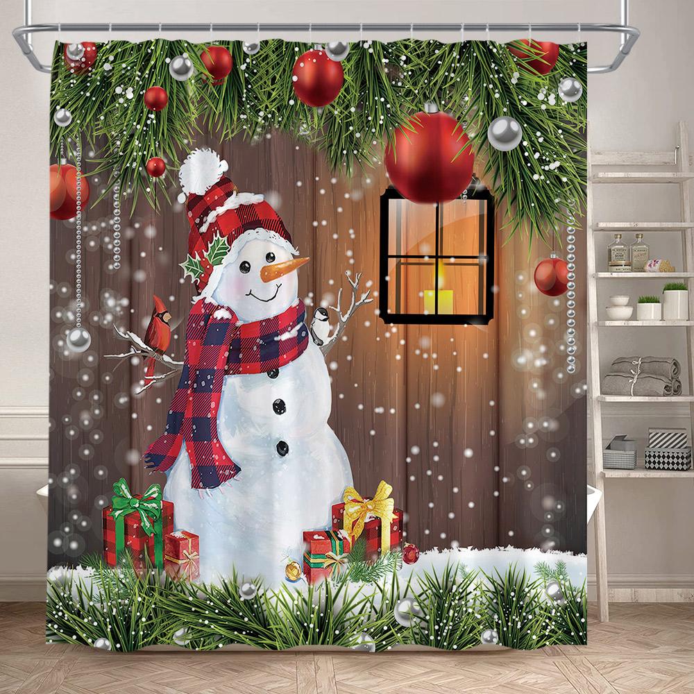 Winter Christmas Shower Curtains Town Street Snowman Snow Mountain Scenery New Year Xmas Home Bathroom Decor Bath Curtain Set
