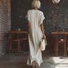 Damen V-Ausschnitt Maxikleid Sommer Baumwolle Leinen Fließend Strand Sonnenkleid Spitzenbesatz Lässig Locker Lang Kleid mit Taschen