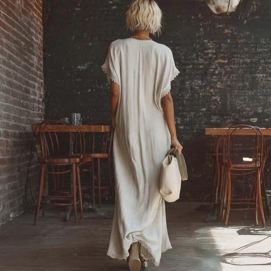Damen V-Ausschnitt Maxikleid Sommer Baumwolle Leinen Fließend Strand Sonnenkleid Spitzenbesatz Lässig Locker Lang Kleid mit Taschen