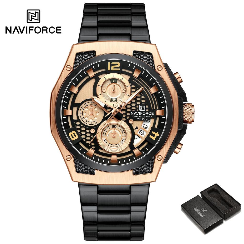 Naviforce Watch for Men Calendar Chronograph Stainless Steel Strap Luminous Waterproof Fashion Casual Outdoor Sports Men's Wristwatch NF8051S