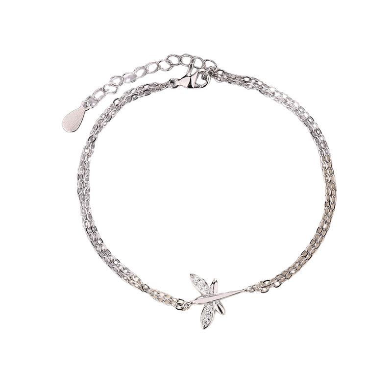 

Стерлингового серебра S925 Серебряный браслет Женский изысканный браслет с крыльями насекомых, инкрустированный цирконом, двухслойный маленький браслет со стрекозой silver