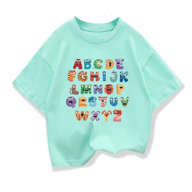 Original Design Creative 26 English Letters Print Tee Tops Boys Girls Short Sleeve Tshirt Summer Kids Clothing