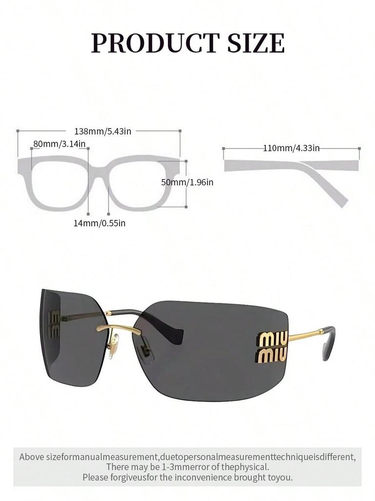 MIU MIU MU54YS Gafas de Sol de Moda sin Montura para Mujer Lujosas Montura de Metal Dorado con Letras Protección UV400 Lente Degradada Gafas Oversize para Viajes Diarios Playa
