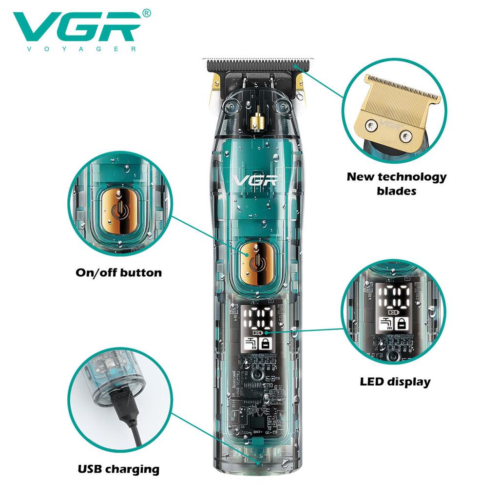 VGR IPX7 Waterproof Electric Hair Clipper Professional Transparent Barber Beard Trimmer Rechargeable Cordless Hair Trimmer for Men Home Clippers V-961