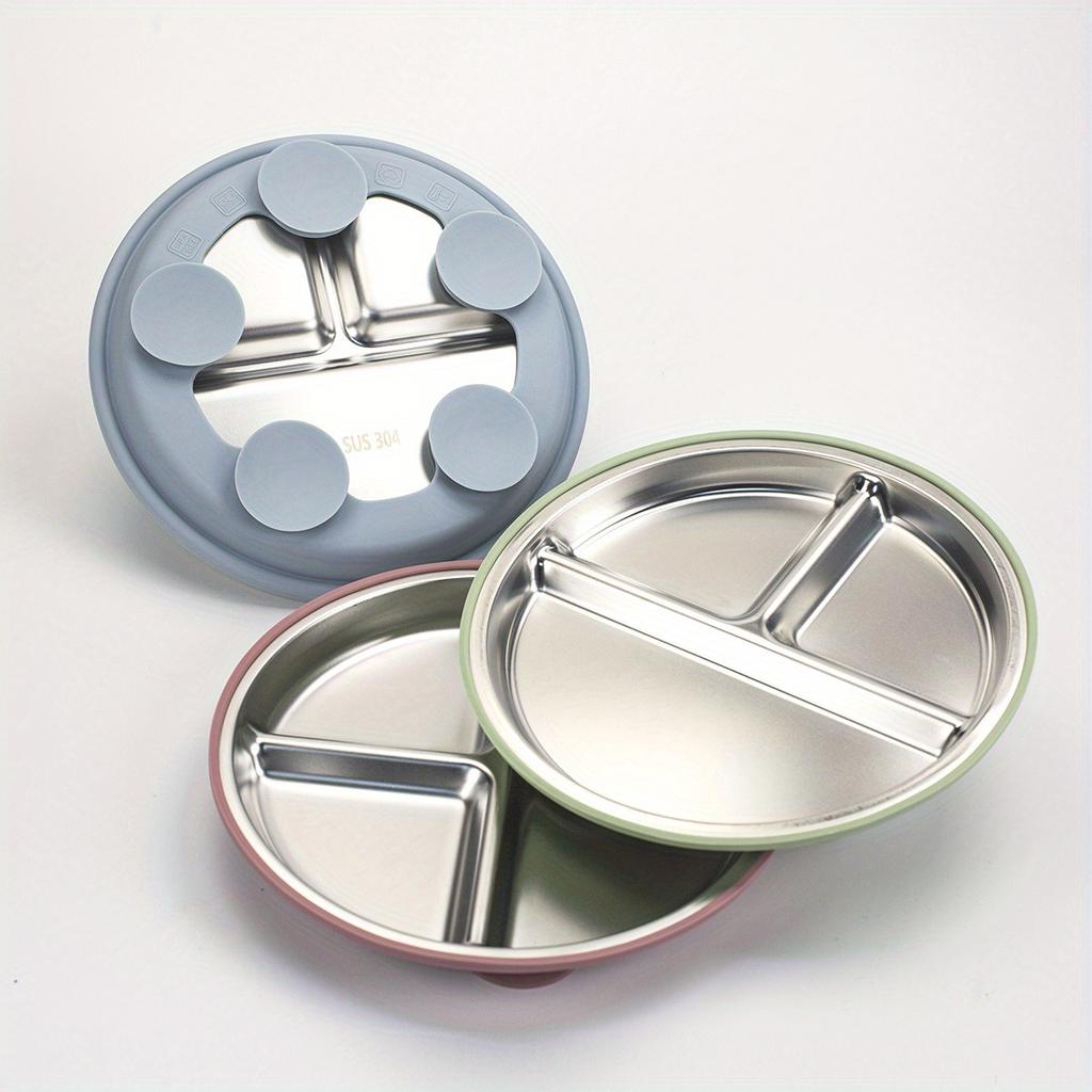 New style children's silicone plate baby eating compartment 304 stainless steel tableware dinner plate with suction cup type