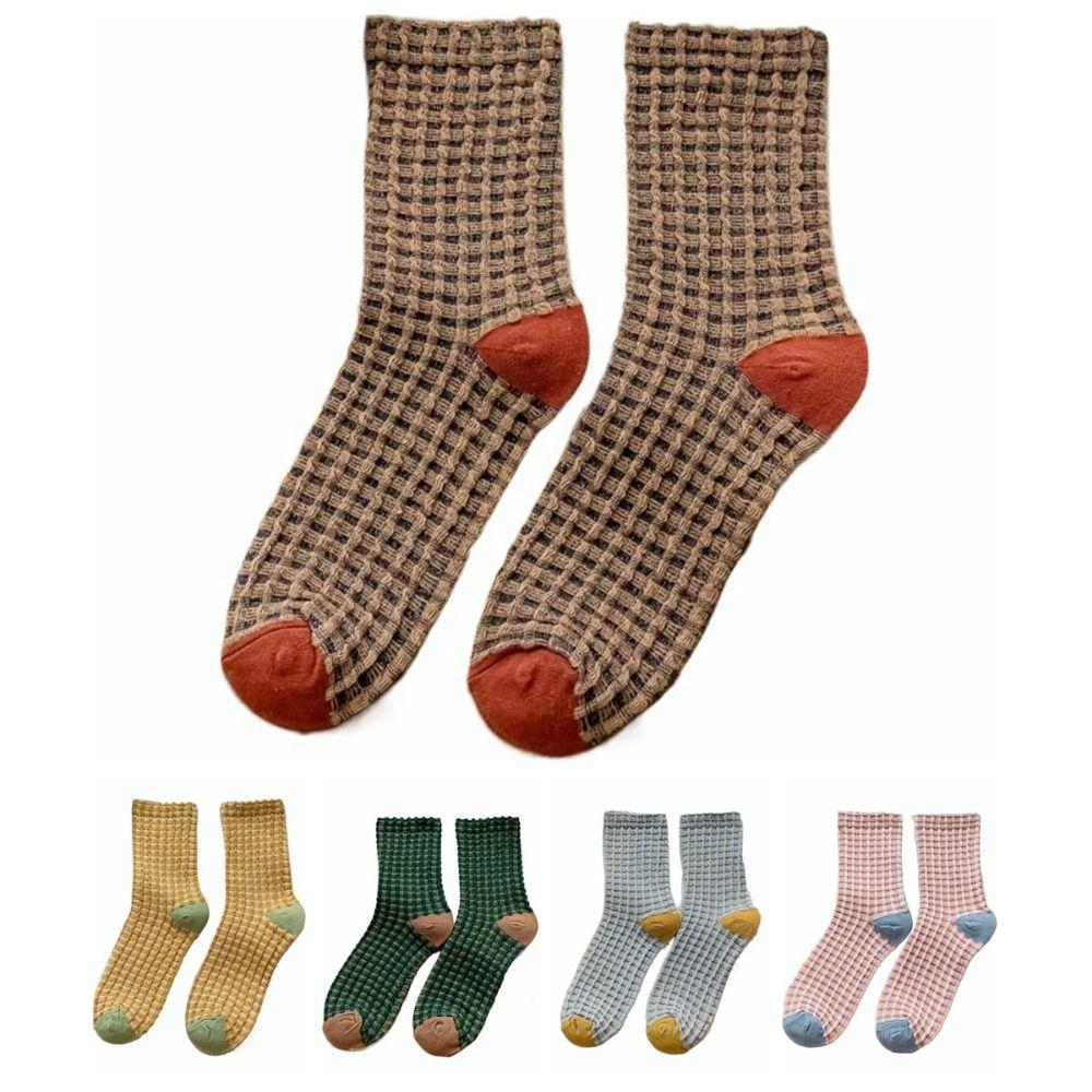 5Pairs Patchwork Checkered Cotton Socks Elastic Grids Socks Cozy Women Tube Sock  Gift