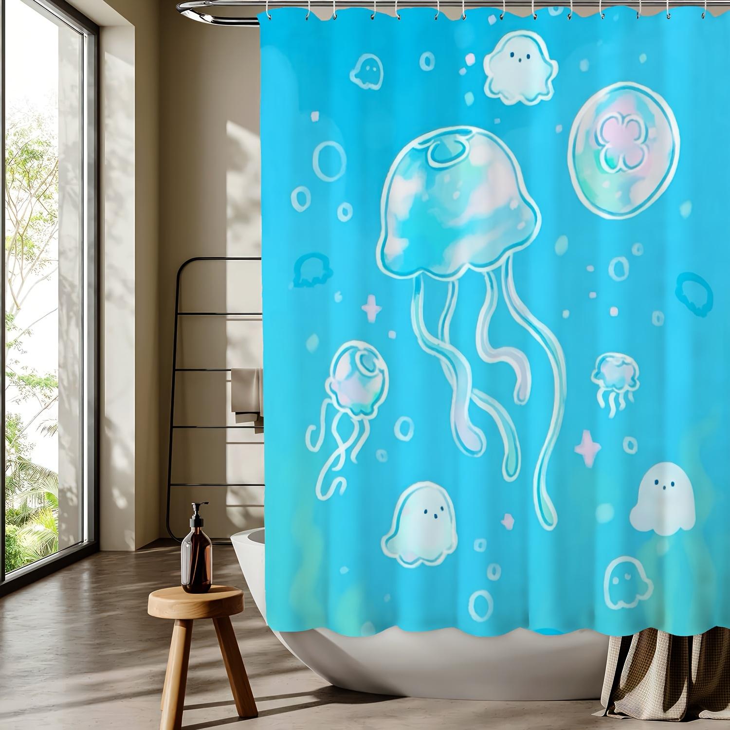 

Cartoon Jellyfish & Ocean Scene Shower Curtain - Vibrant Blue Polyester, White Jellyfish/Bubbles/Stars, All-Season Design W90xH180cm