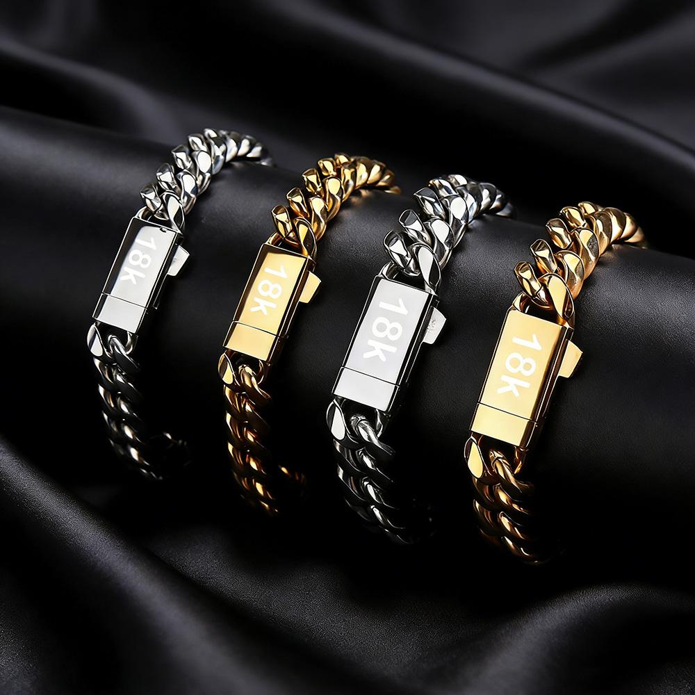Wholesale Jewelry 6/8/10/12mm Width Cuban Bracelet Stainless Steel Miami Cuban Link Chain Bracelet with Laser 18k Logo