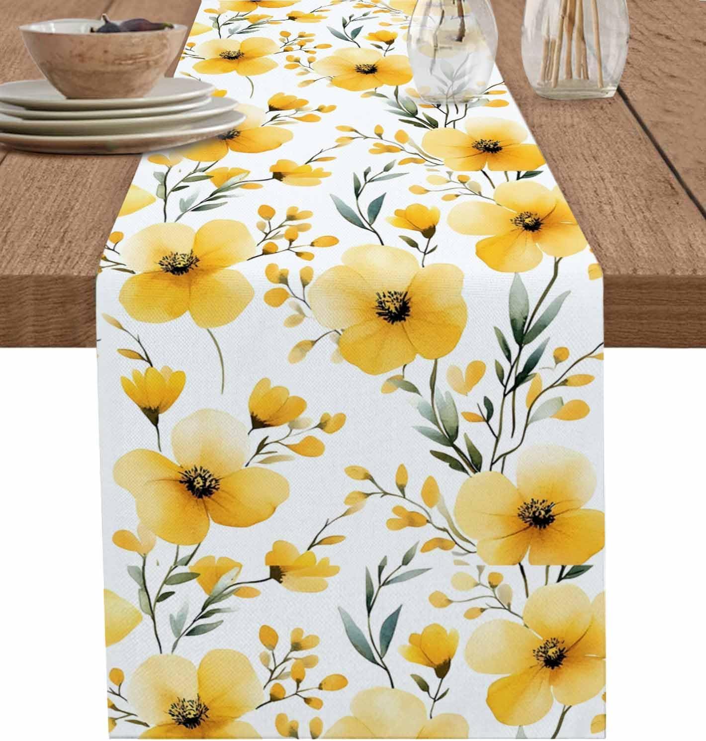 Jingyue Pet Yellow Watercolor Flowers Linen Table Runner Wedding Party Decor Spring Floral Leaf Kitchen Dining Table Runners Home Decoration