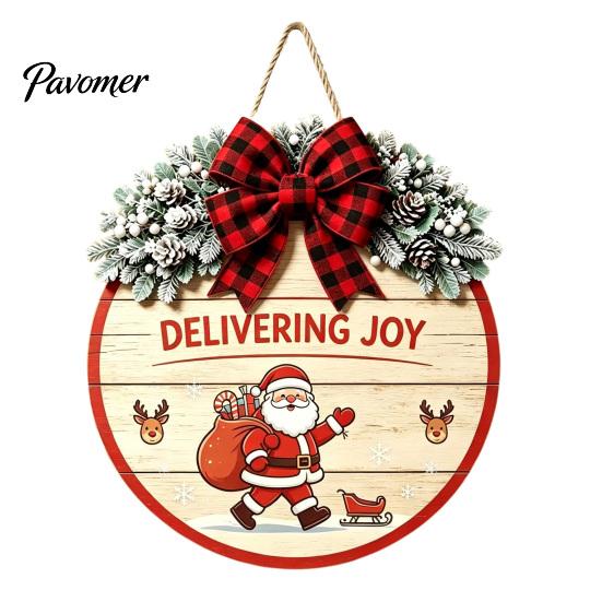 Indoor Outdoor Porch Ornament Christmas Wooden Welcome Sign for Front Door, Round Hanging with Handmade Craft Artificial Pine Branches & Bow