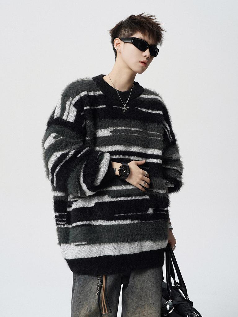 European Plus Size Mink Velvet Striped Knit Men's Sweater - Soft, Fluffy, Trendy for Autumn/Winter