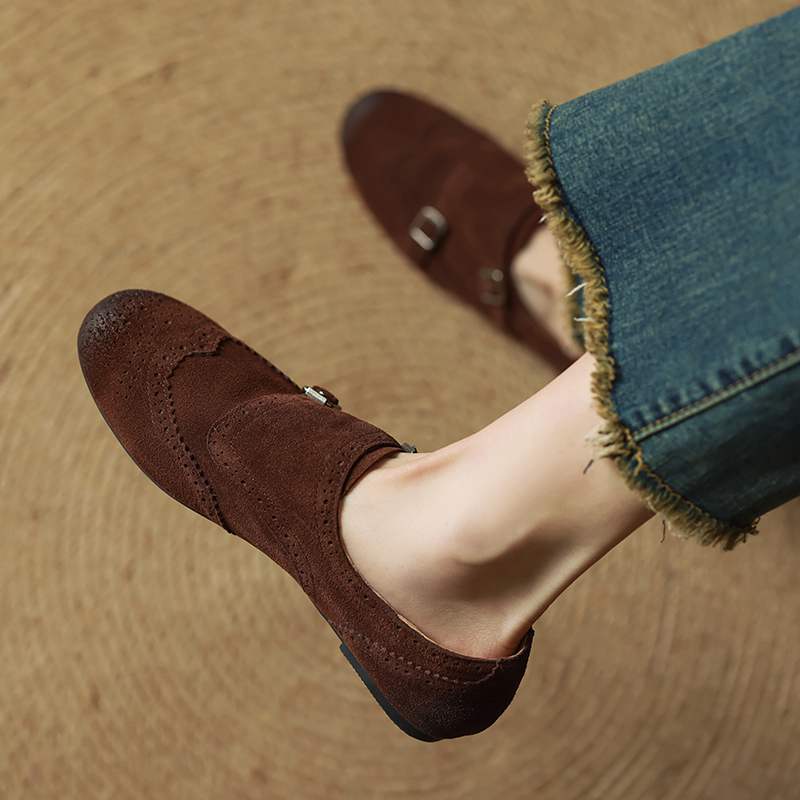 Krazing Pot Cow Skin Fashion Spring Autumn Low Heels metal buckle Oxford Shoes Women Round Toe Leisure Brogues flats