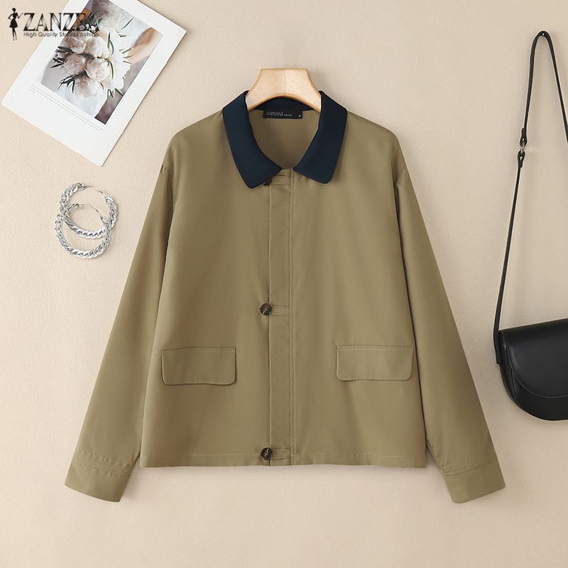 ZANZEA Women Splice Turn Down Collar Casual Long Sleeve Blouse
