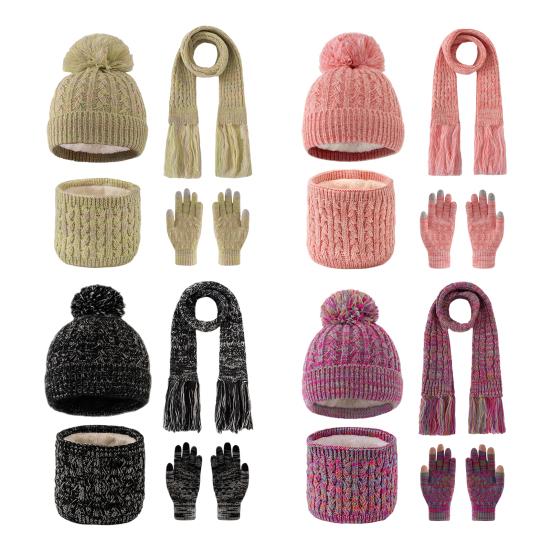 3Pcs/Set Kids Hat Scarf Gloves Set Rainbow Twist Texture Plush Ball Decor Knitting Hat