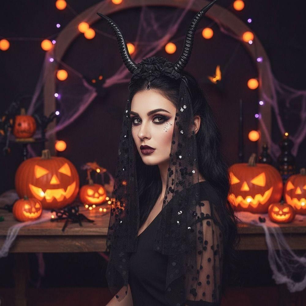 Black Halloween Devil Headwear with Veil Sheep Horn Headband Adults