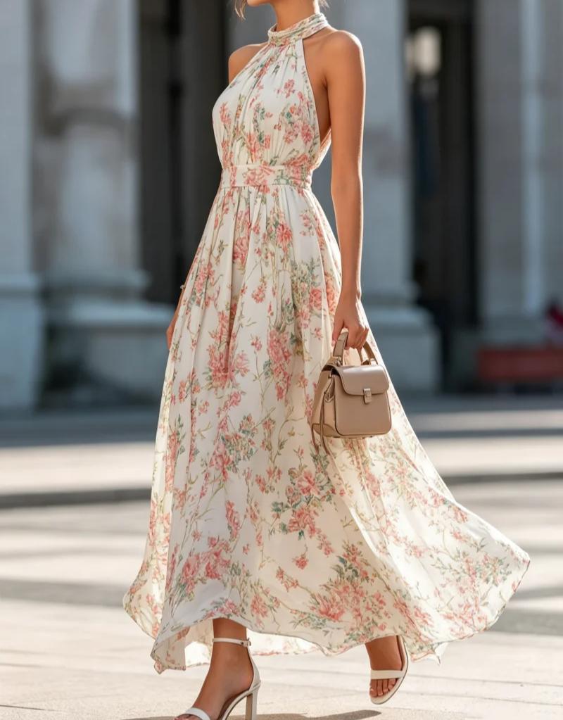 Maxi Abito da Donna con Scollo all'Americana, Stampa Floreale e Pieghe in Chiffon, per Matrimonio in Spiaggia e Festa
