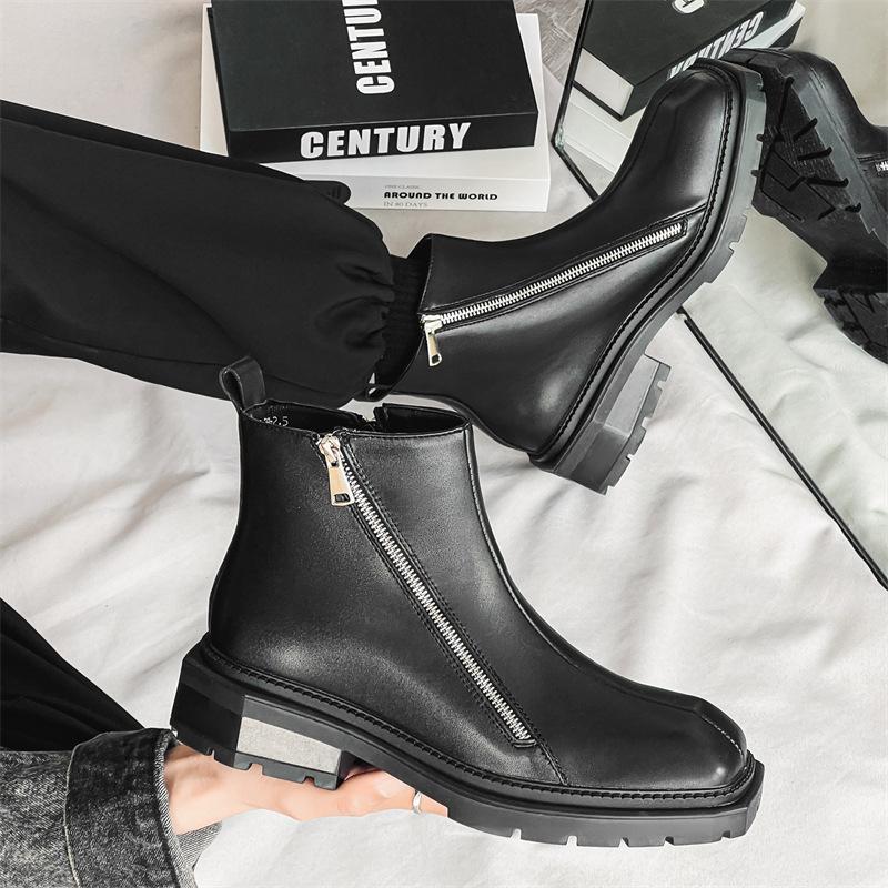 Korean version of zipper Chelsea boots trendy British style platform square head Martin boots men's mid-top leather shoes 4512-J