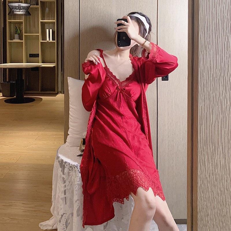 Suspender pajamas women's summer thin pajamas with chest pads Ice silk pajamas women's lace mesh two-piece set Spring and Autumn loungewear