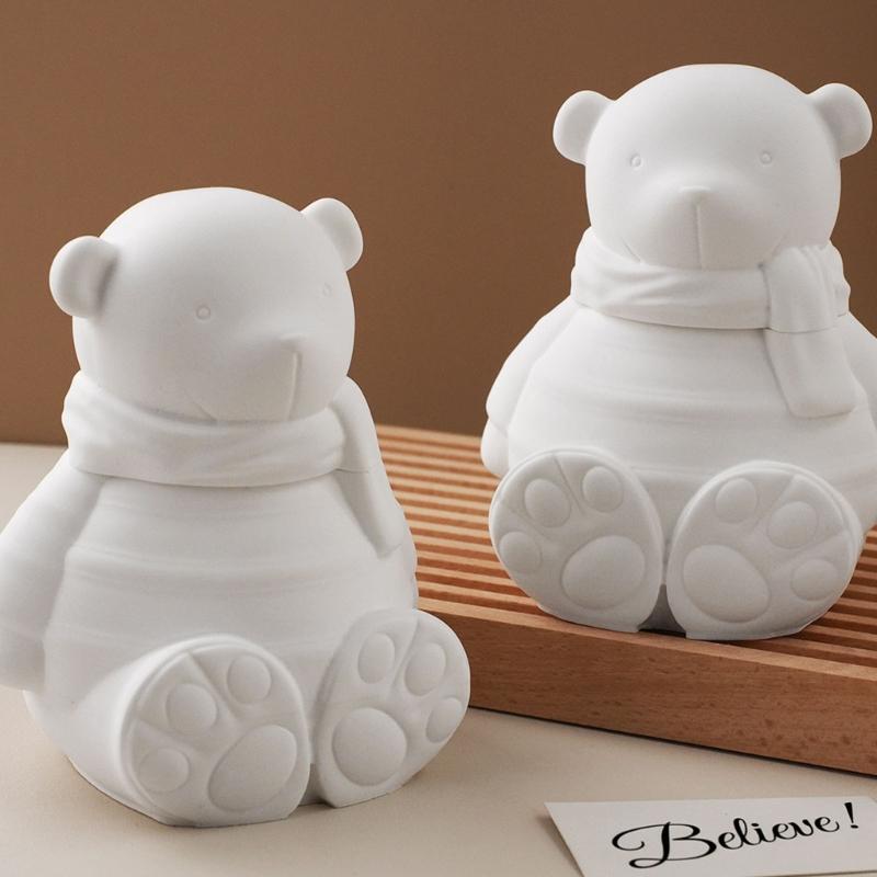 Bear Statue Resin Jar Molds Candle Cup Silicone Mould with Lid for Making Candle Container Chocolate Holiday Decoration