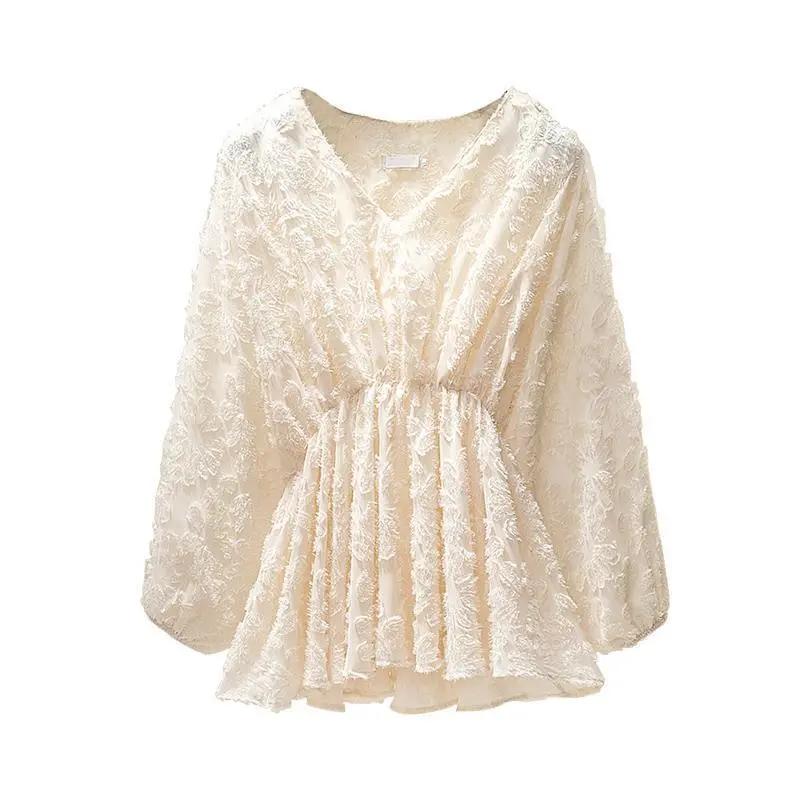 Damen Frühlings- und Herbst-Freizeit-Chiffon-Bluse mit schlankmachendem Look, Spitzen-Oberteil