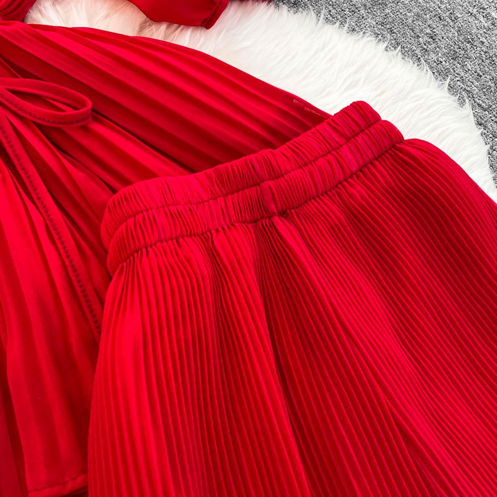 Spring Summer Women Pleated Two Piece Set Elegant V-Neck Draped Chiffon Blouse + High Waist Wide Leg Pants 2Pcs Suit Female New