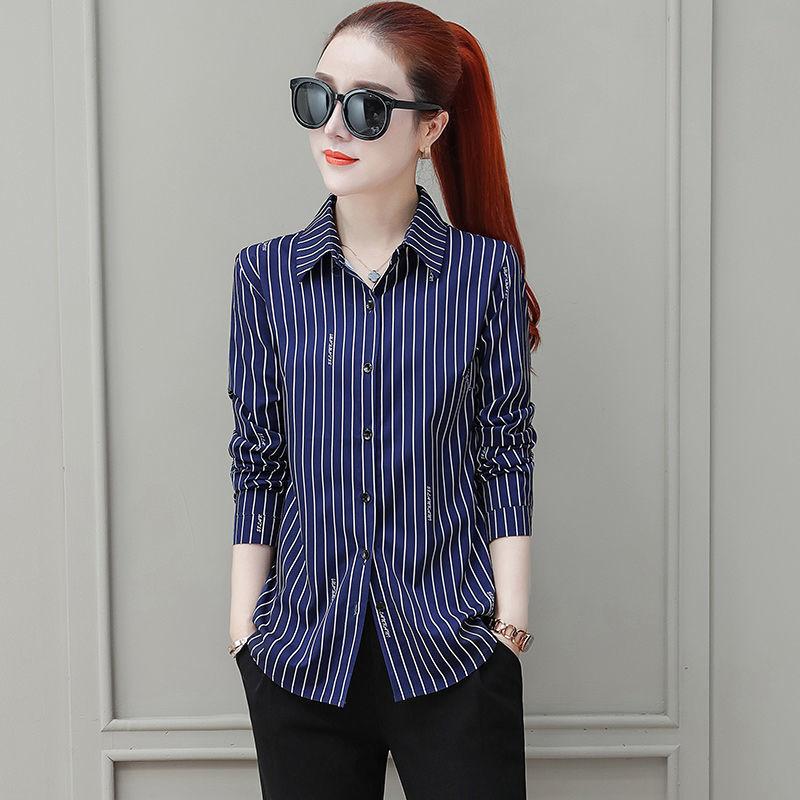 1116 new black and white vertical striped shirt women's spring, summer and autumn long-sleeved versatile professional temperament women's top looks